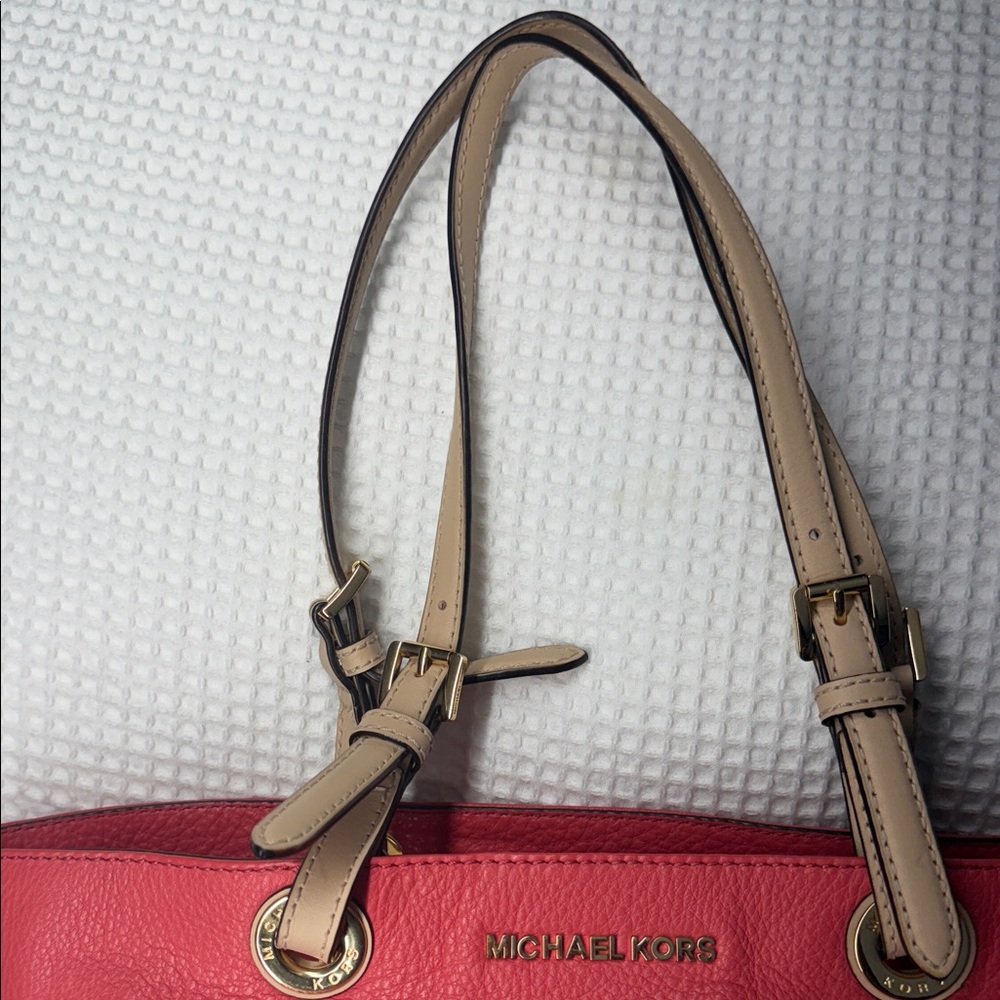 Michael Kors Coral and Tan Leather Tote - Picture 3 of 7